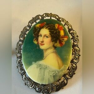 Vintage Signed Western Germany Filigree Cameo Portrait Brooch